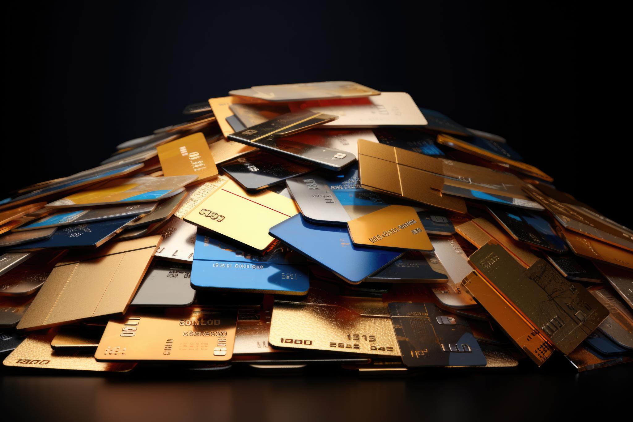 A pile of credit cards stacked on top of each other.