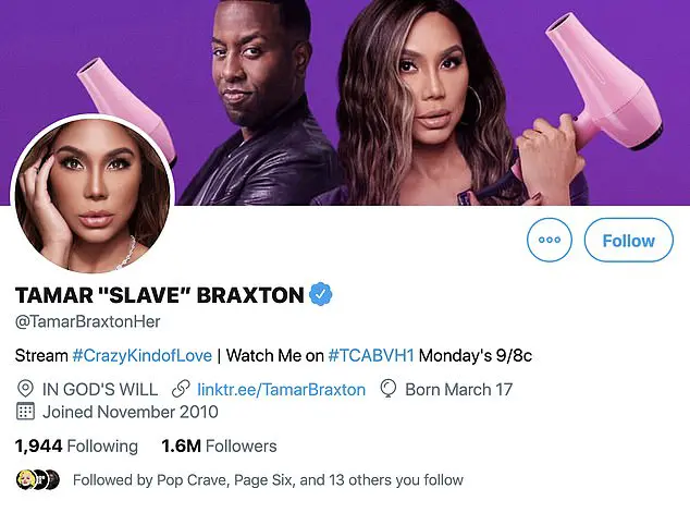 Slave: In the message obtained by The Blast , the 43-year-old reality star lamented about being a 'slave' and suggested that the 'only way out' of her situation was 'death'; Tamar referred to herself as a 'Slave' in her Twitter name pictured above