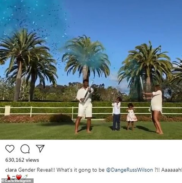 Big deal: Ciara took to Instagram on Tuesday morning with her family to mark a special moment in her pregnancy – the gender reveal of her third baby