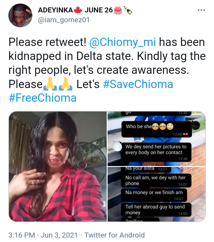 #SaveChioma: Another lady allegedly kidnapped and violated in Delta State