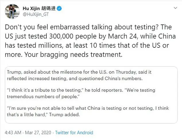 Global Times Editor-in-Chief Hu Xijin tweeted Friday that President Trump's 'bragging needs treatment,' ridiculing the U.S. president for suggesting the United States has the highest number of coronavirus cases because it's testing so many people