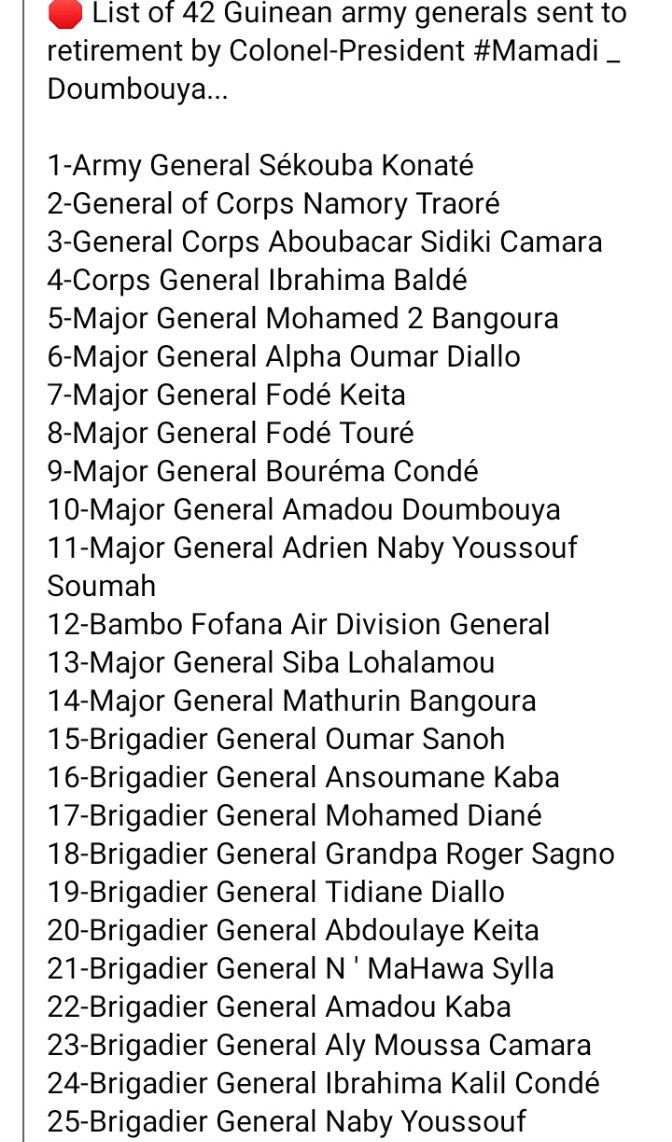 Full list of the 42 Generals forced to go on early retirement by Doumbouya emerges: good move?