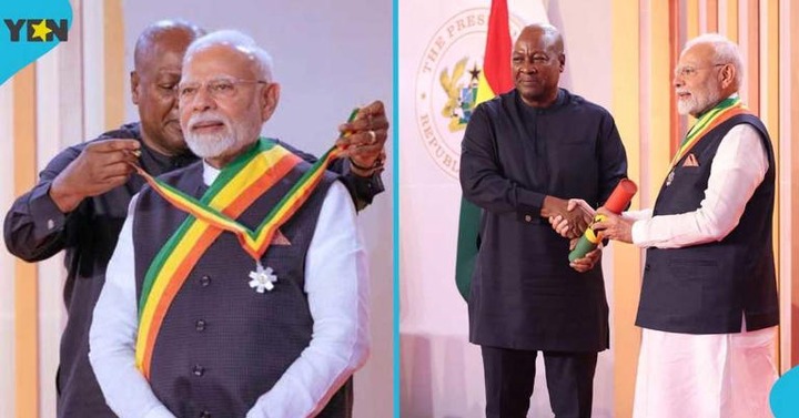 President John Mahama confers Indian Prime Minister, Narendra Modi, the Officer of the Order of the Star of Ghana during his state visit to Ghana. Photo credit: Narendra Modi/Facebook. Source: Facebook