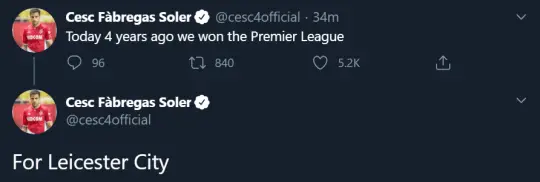 Cesc Fabregas fondly remembers the night Chelsea helped Leicester become Premier League champions