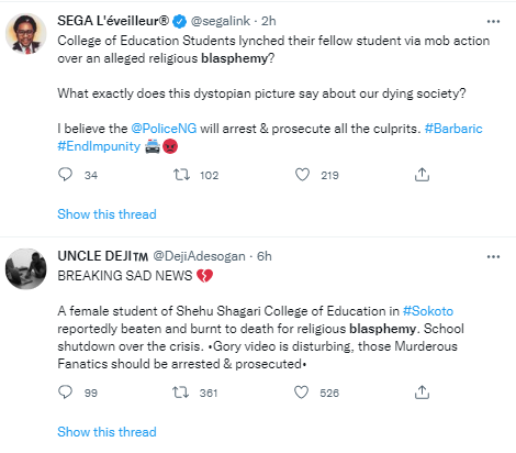  Nigerians react to the lynching of Shehu Shagari College of Education female student in Sokoto over alleged blasphemy