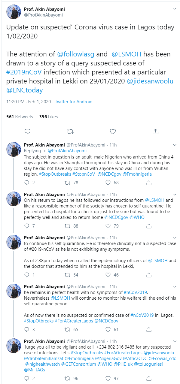 Update on suspected Coronavirus case in Lagos