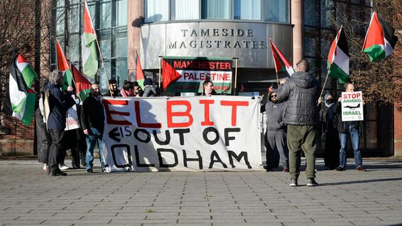 Protesters gather outside court as three men stand accused of trashing Oldham factory
