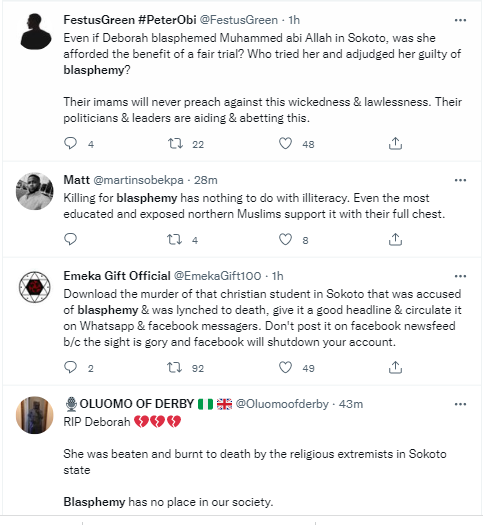  Nigerians react to the lynching of Shehu Shagari College of Education female student in Sokoto over alleged blasphemy