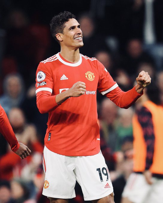 Raphael Varane beams with delight after scoring his first United goal, against Brentford at Old Trafford.