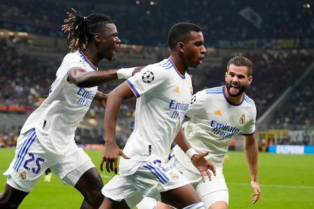 Selebrasi gol Rodrygo usai mencetak gol di laga Inter Milan vs Real Madrid, Liga Champions 2021/22 (c) AP Photo
