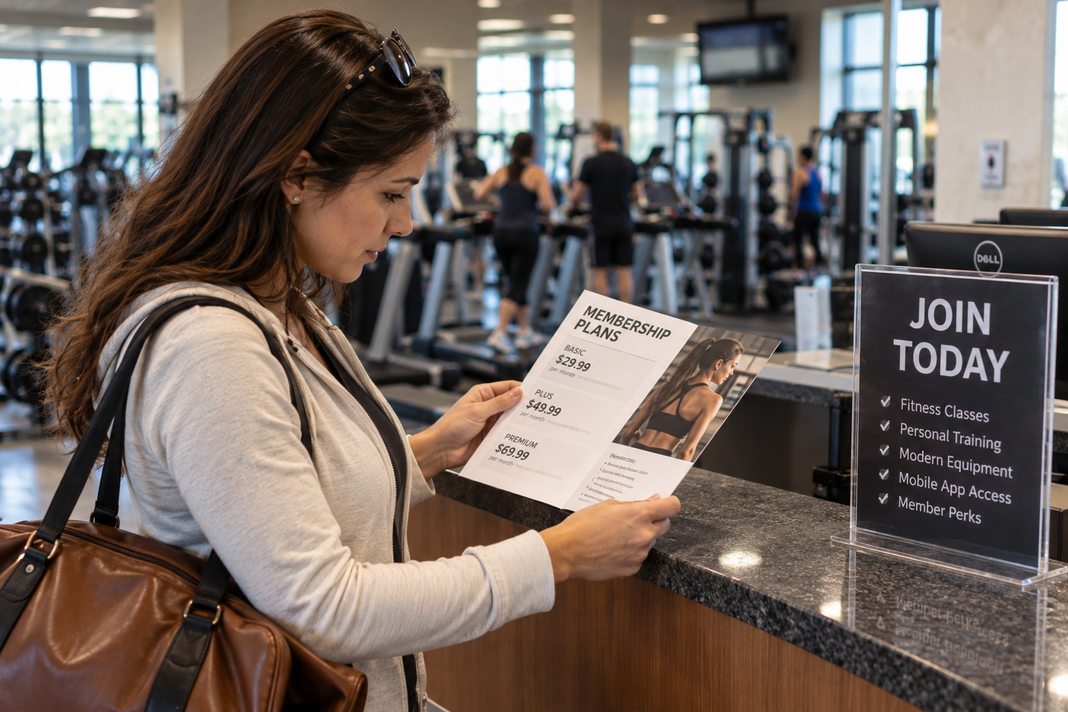 A woman at a gym front desk reads a flyer detailing membership plan prices next to a sign that says “Join Today.”