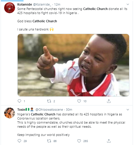 Nigerians heap praises on the Catholic church for donating all its 425 hospitals to FG as isolation centers