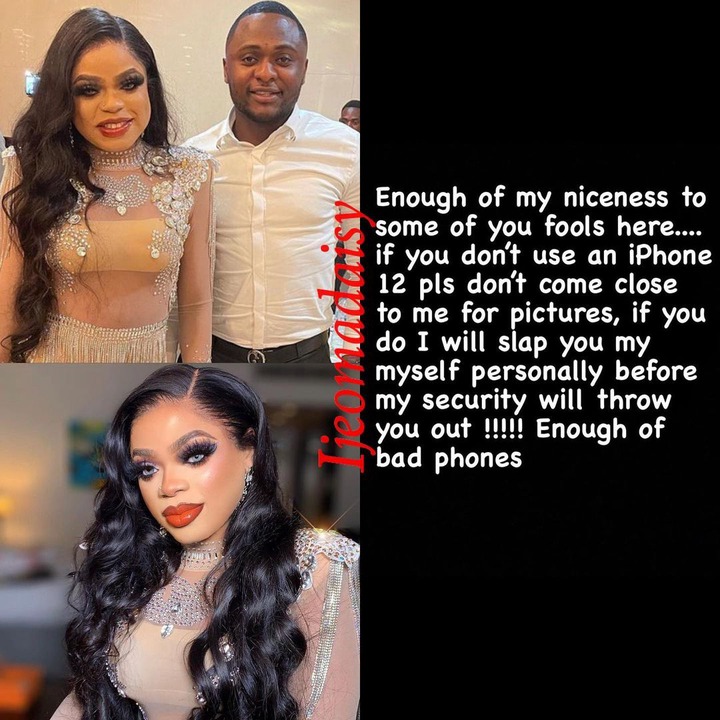 I will slap you if you take pictures of me without iPhone 12 - Bobrisky warns fans