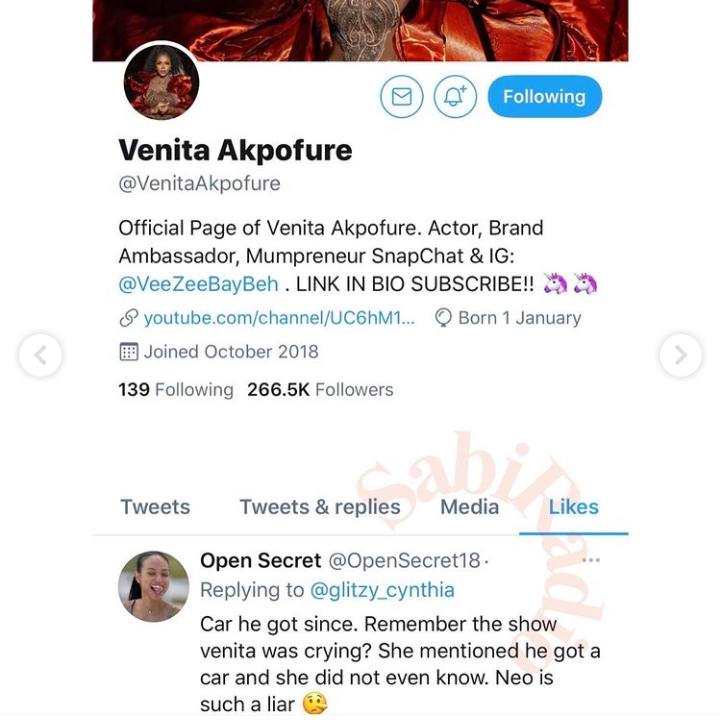 Venita likes a Twitter post, calling Neo a liar for saying his car was gifted by fans