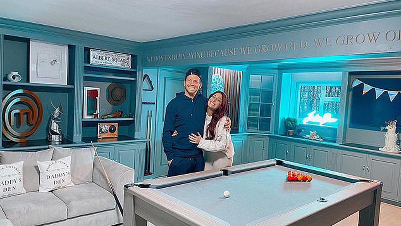 'You mean everything to us': Stacey Solomon surprises fiancé Joe Swash by transforming an entire room at their family home into a 'man cave' for his 40th birthday