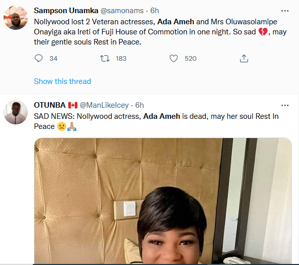 Nigerians express shock over news of Nollywood actress, Ada Ameh