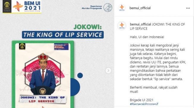 BEM UI Kritik Jokowi 'The King of Lip Service'. (Instagram/@bemui_official)