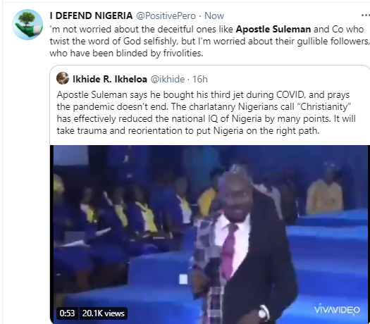 Christianity has reduced the national IQ of Nigerians by many points - Nigerians react after Apostle Suleman revealed he bought his 3rd jet during the pandemic and was praying for Covid not to end