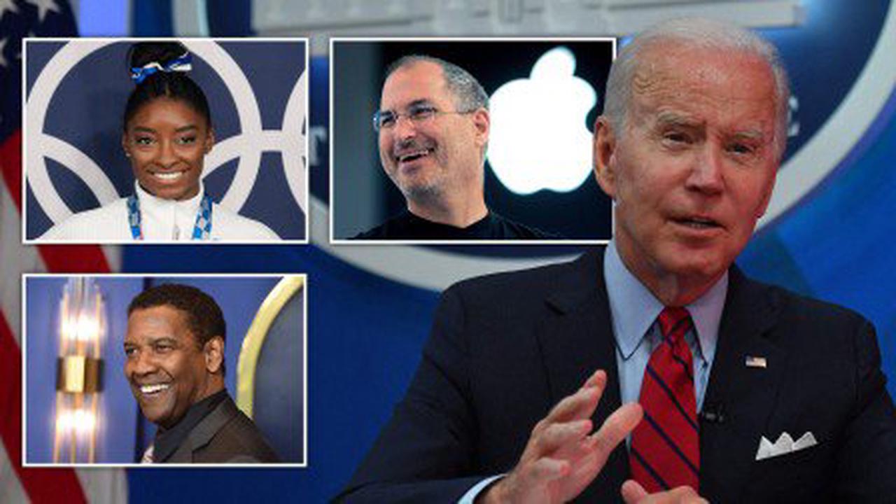Joe Biden giving Presidential Medal of Freedom to Steve Jobs, Simone Biles, Denzel Washington, 14 others