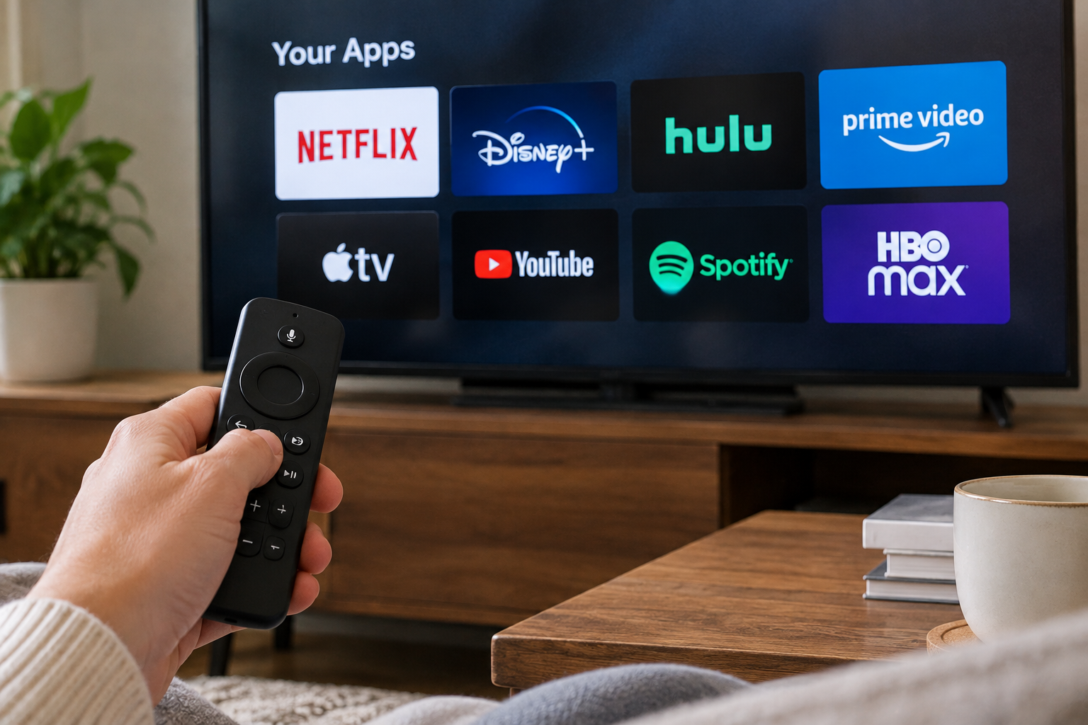 A hand holds a remote control pointed at a television screen displaying a menu of streaming app icons, including Netflix, Disney+, Hulu, Prime Video, Apple TV, YouTube, Spotify, and HBO Max.