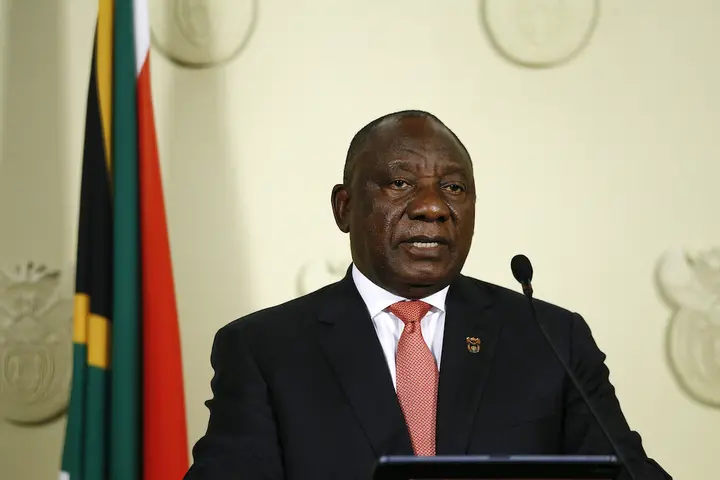 President Cyril Ramaphosa addresses the nation following a special cabinet meeting on matters relating to the COVID-19 epidemic at the Union Buildings in Pretoria, on March 15, 2020.