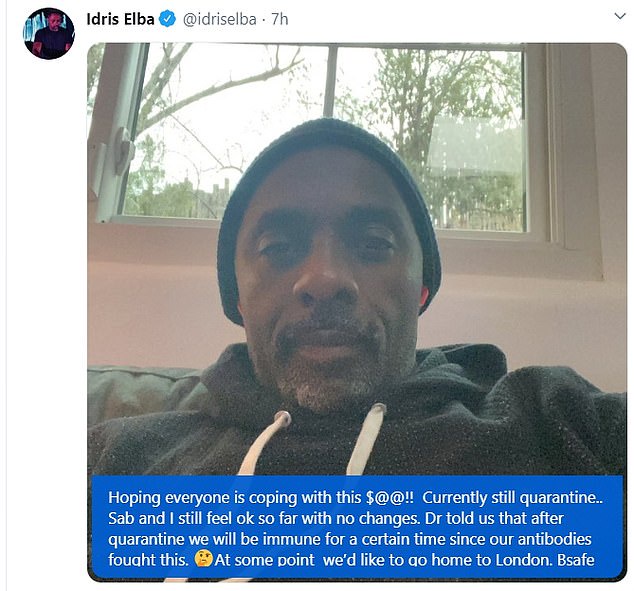Update: It comes days after Idris tweeted doctors have told him that he and Sabrina will become immune to COVID:19 after they tested positive to having the virus