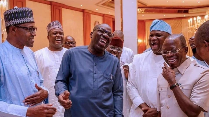President Muhammadu Buhari, Governor Godwin Obaseki and APC National Chairman, Adams Oshiomhole share a joke after a meeting (Presidency)