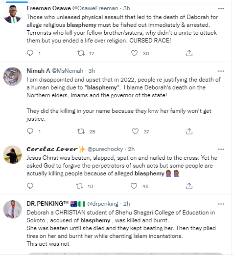  Nigerians react to the lynching of Shehu Shagari College of Education female student in Sokoto over alleged blasphemy