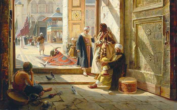 Sebuah lukisan suasana Gerbang Masjid Agung Umayyah di Damaskus. Lukisan bertanda tangan dan bertanggal 'G. Bauernfeind/Damaskus/München 1890' di sisi kanan bawah. Lukisan karya Gustav Bauernfeind  (1848–1904).