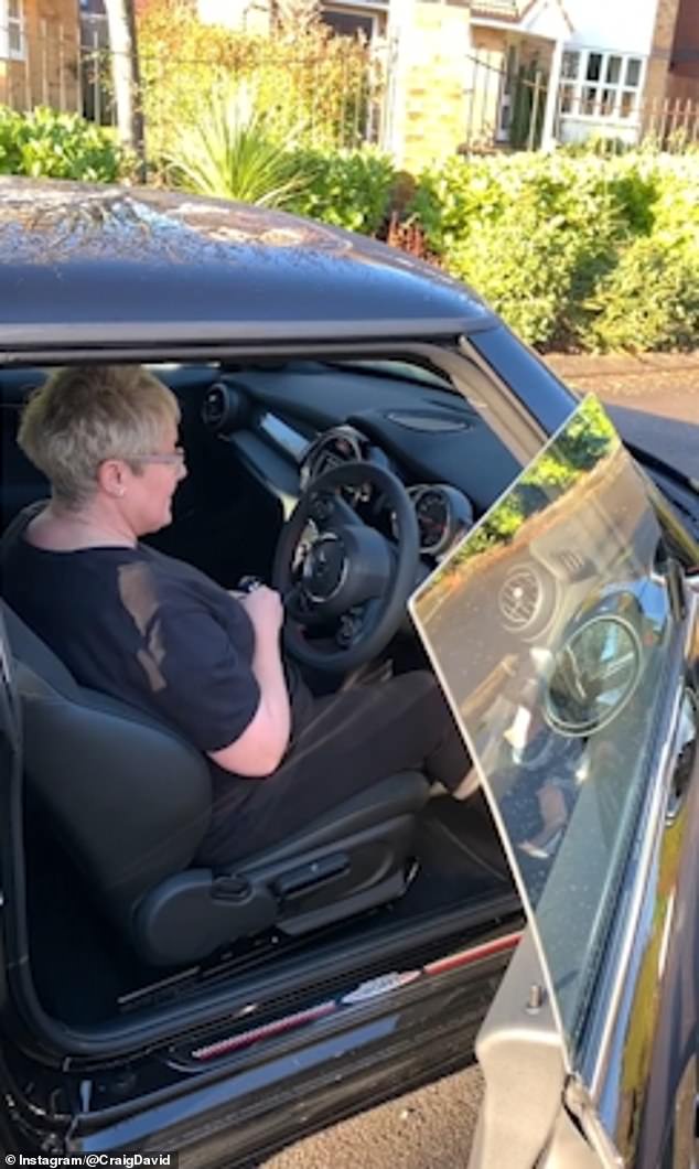Overwhelmed: Tina was overcome with emotion when she hugged her musician son and said: 'This is crazy! This is amazing', before jumping in the front seat to get a feel for her new ride