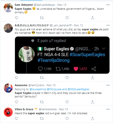 Nigerians react after Super Eagles threw away four-goal lead to draw 4-4 with Sierra Leone in AFCON qualifying match