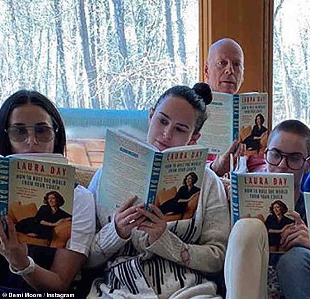Former wife: All the group had their noses down reading a book, with Demi captioning: 'Family book club... ⁣How to Rule the World from Your Couch — quarantine edition.'