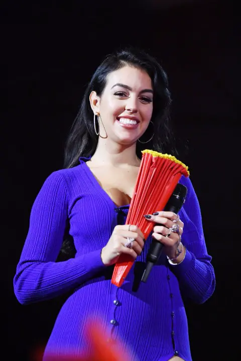 SEVILLE, SPAIN - NOVEMBER 03: Georgina Rodriguez presents the Best Collaboration Award on stage during the MTV EMAs 2019 at FIBES Conference and Exhibition Centre on November 03, 2019 in Seville, Spain. (Photo by Jeff Kravitz/FilmMagic)