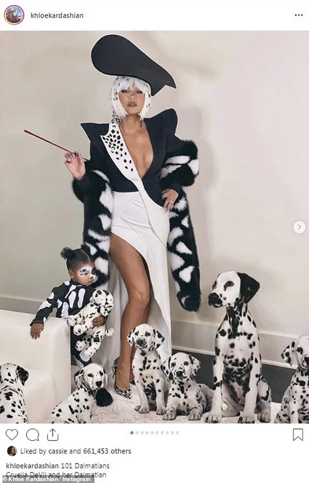 Dressed up: Khloe's more low-key style was a far cry from her ornate Halloween costume of Cruella De Vil from 101 Dalmatians