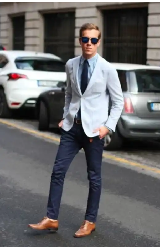 grey blazer light blue shirt