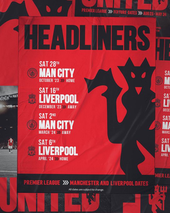 Graphic featuring our 2023/24 Premier League fixtures against Man City and Liverpool. Man City (H), Sat 28 October. Liverpool (A), Sat 16 December. Man City (A), Sat 2 March. Liverpool (H), Sat 6 April.