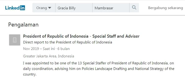 Biodata terbaru Staf Khusus Presiden Billy Mambrasar (LinkedIn)