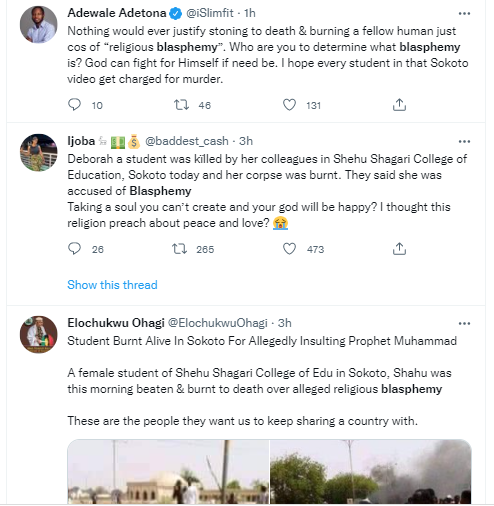  Nigerians react to the lynching of Shehu Shagari College of Education female student in Sokoto over alleged blasphemy