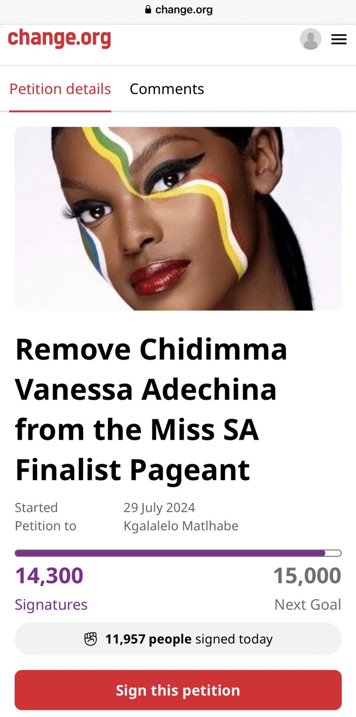 Petition to disqualify Chidimma Vanessa from Miss South Africa has been deleted