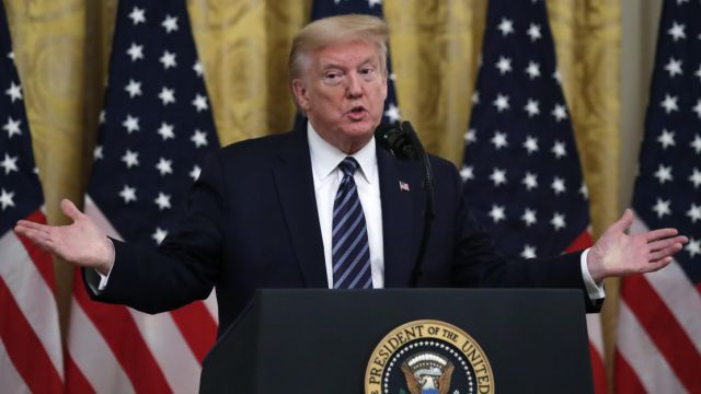 President Donald Trump answers questions from reporters during an event in the East Room of the White House on April 30, 2020, in Washington. (Alex Brandon/AP)
