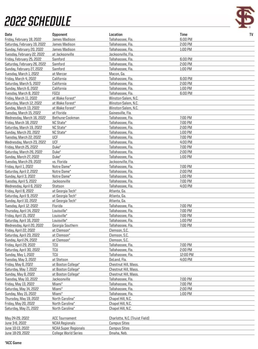 Florida state baseball schedule 2022