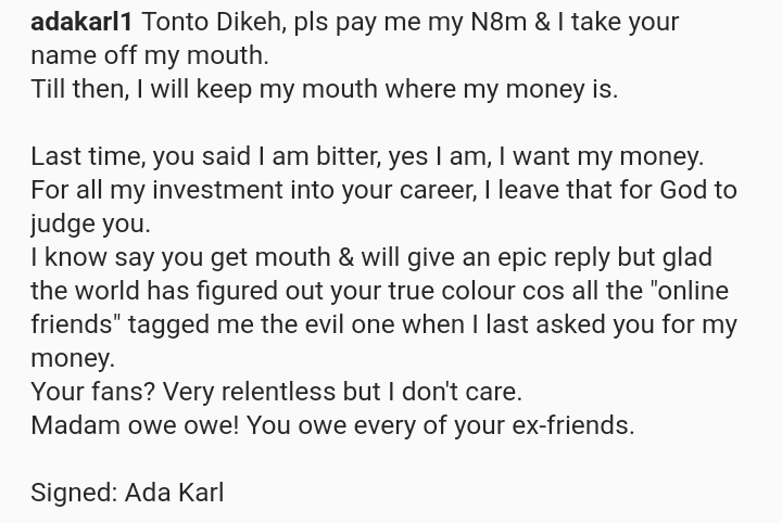 Madam 'owe owe' pay me back my 8M - Ada Karl blast Tonto Dikeh