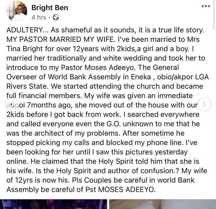 Nigerian man, Bright Ben, cries out after his Pastor, Moses Adeeyo married his wife of 12 years