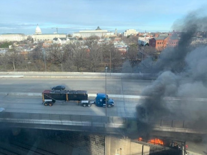 Biden inauguration rehearsal is called off as fire breaks out at a bridge behind the US Capitol Building amid fears of an imminent 
