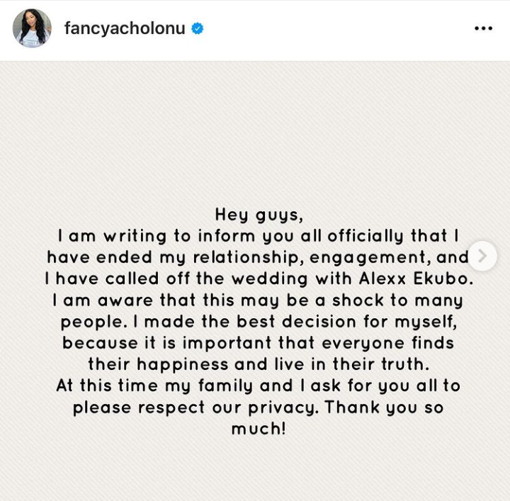 Fancy Acholonu officially calls off her wedding, urging everyone to respect her privacy