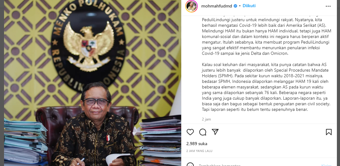Pernyataan Mahfud MD soal tuduhan pelanggaran HAM di aplikasi PeduliLindungi dari Kemenlu AS.
