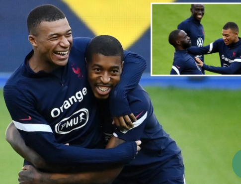 PSG striker, Kylian Mbappe pictured hugging France team-mates in training hours before testing positive for coronavirus?(photos)