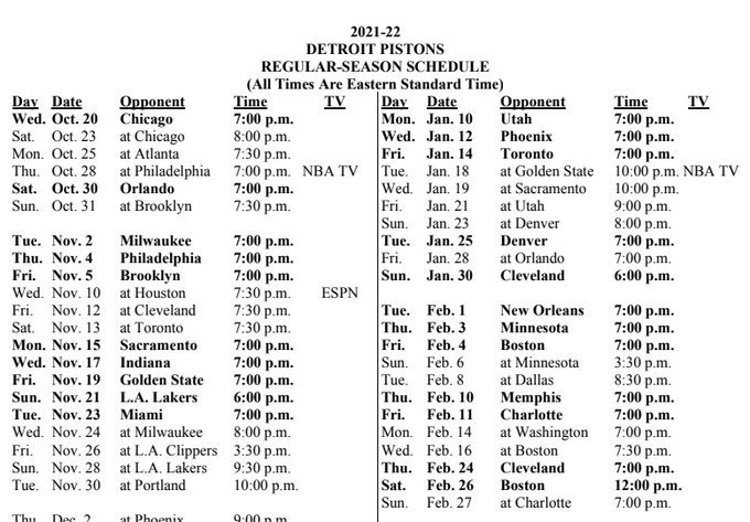 Pistons Schedule 2022 Detroit Pistons Reveal Full 2021-22 Schedule - Opera News