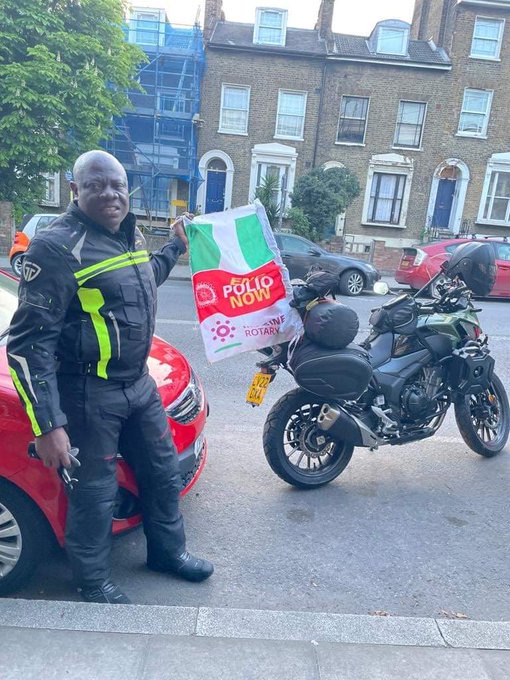 Nigerian man who is on a mission to travel from London to Lagos on motorcycle, arrives Spain