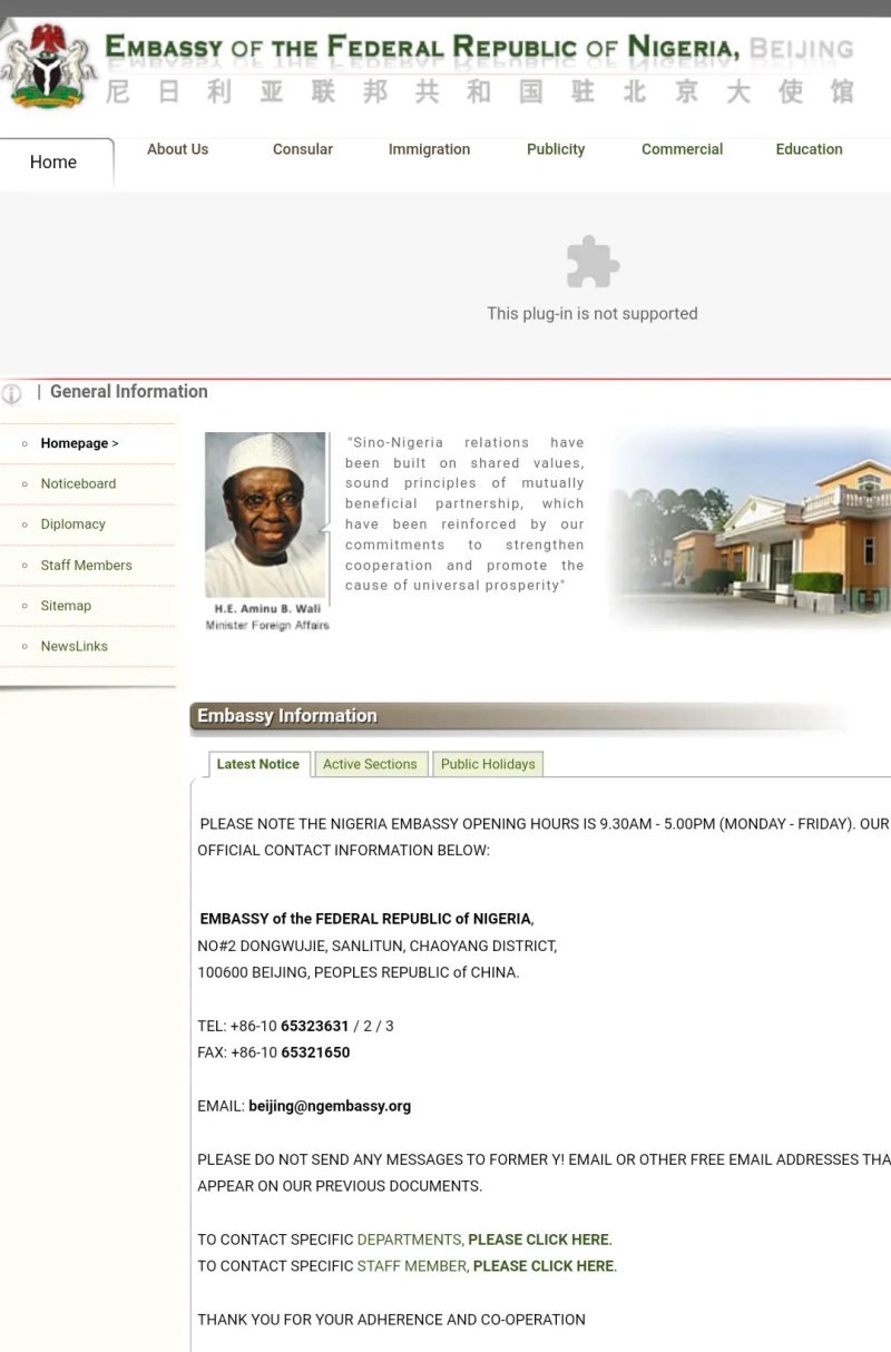 Nigerian Embassy in China still has Jonathan as President on its website, nearly 5 years after President Buhari resumed office lindaikejisblog 1